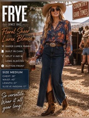 FRYE Floral Sheer Lurex Long Sleeve Split V-Neck Blouse w/ Built-In Cami Size M